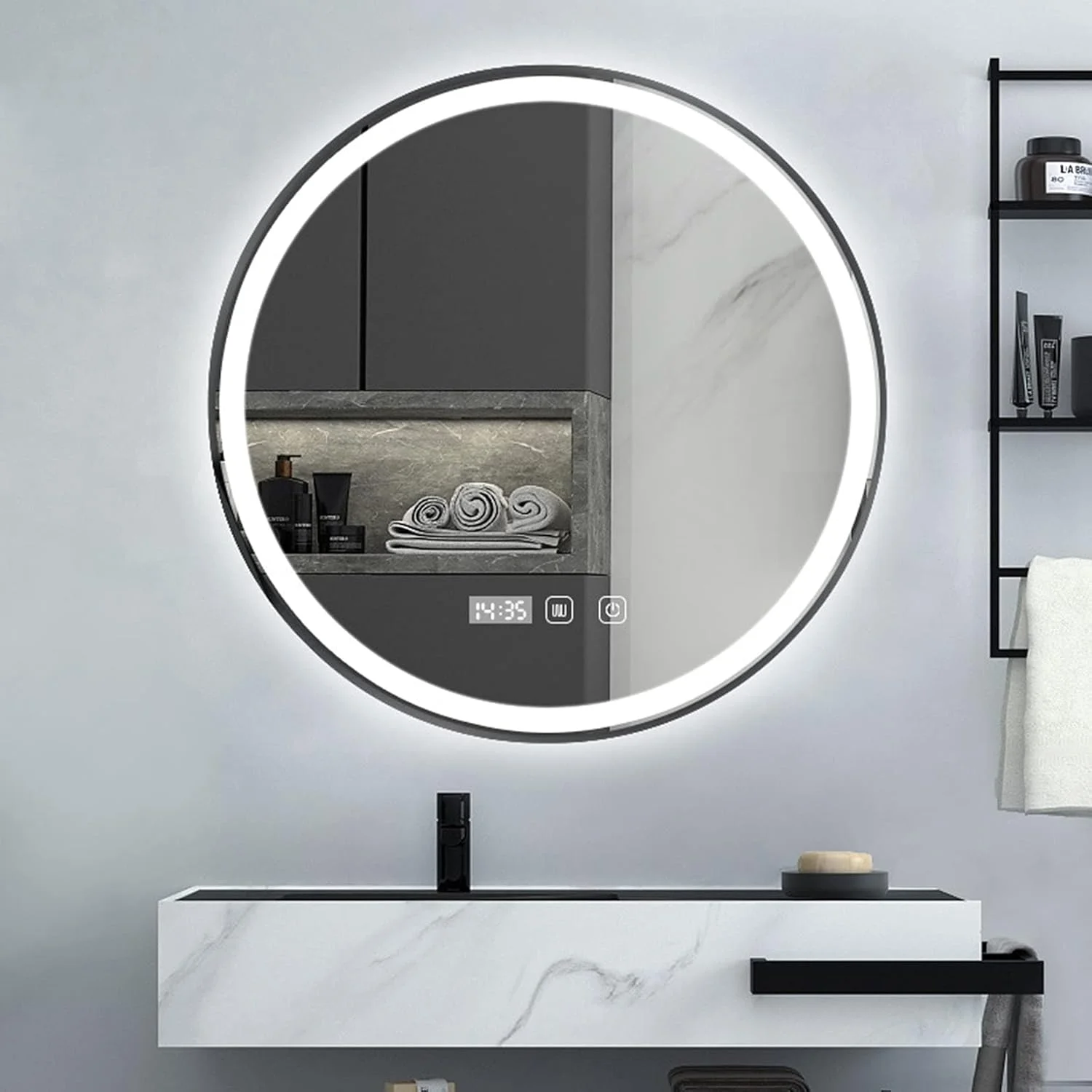 آینه حمام LED با دیمر لمسی و ضد بخار، 3 رنگ نور: نور گرم/خنثی/سفید، نمایشگر دما و زمان، قاب مشکی، 50cm / 60cm / 70cm / 80cm، 70cm/27.5in