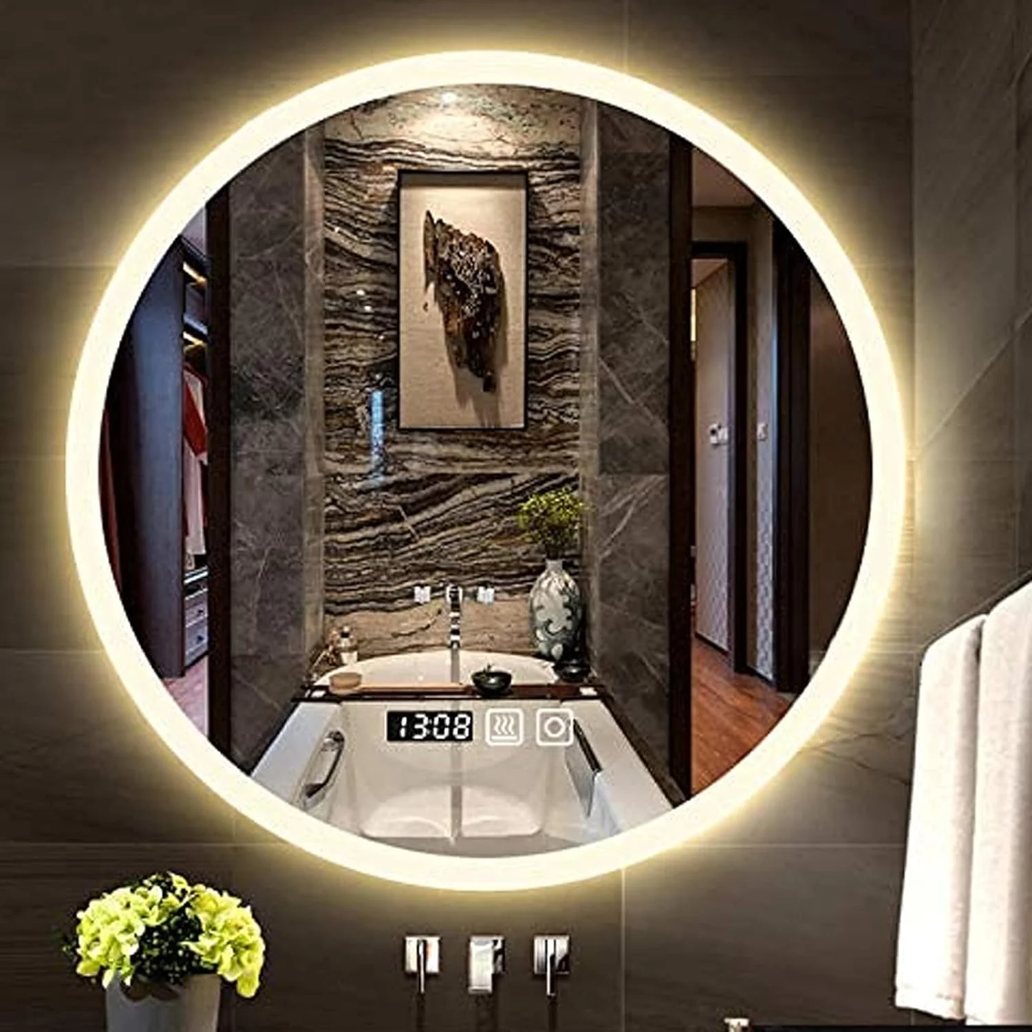 آینه گرد LED، آینه حمام با چراغ، آینه تزئینی مدرن، آینه آرایش LED هوشمند دیواری، نور گرم - 80 سانتی متر