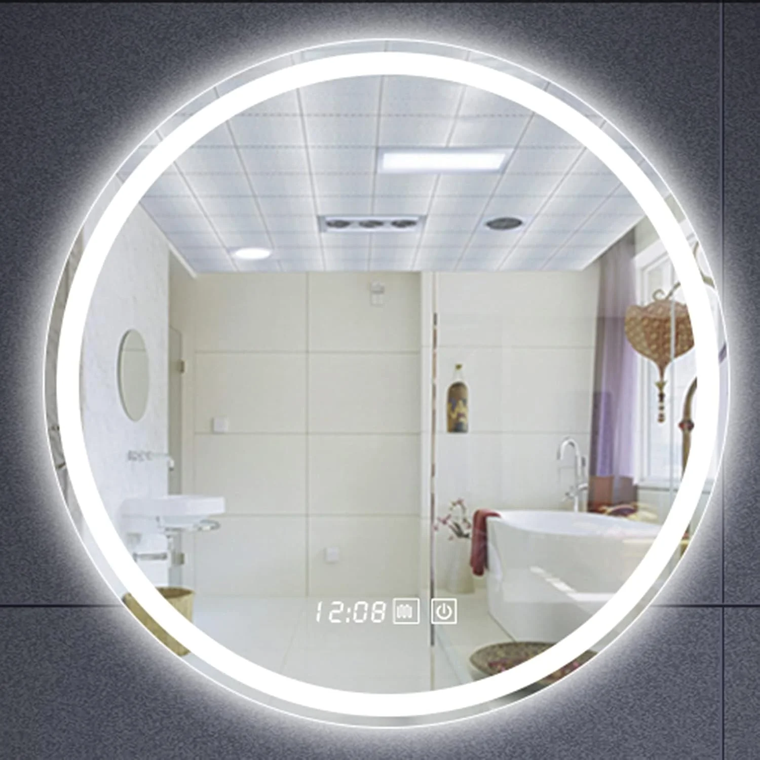 آینه LED حمام، آینه LED گرد، ضد بخار، نورهای قابل تنظیم زرد/سفید گرم/طبیعی با کلید لمسی ضد بخار، نمایشگر دما و زمان، آینه دیواری، نور گرم - 80 سانتی متر