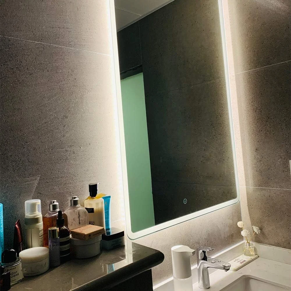 آینه حمام LED با نورپردازی قابل تنظیم 3 رنگ / آینه دیواری / 80x60 سانتی متر / دارای کلید لمسی + ضد بخار / نورپردازی سفید/گرم/زرد - آینه مستطیلی دوش - هو، 60x80 سانتی متر