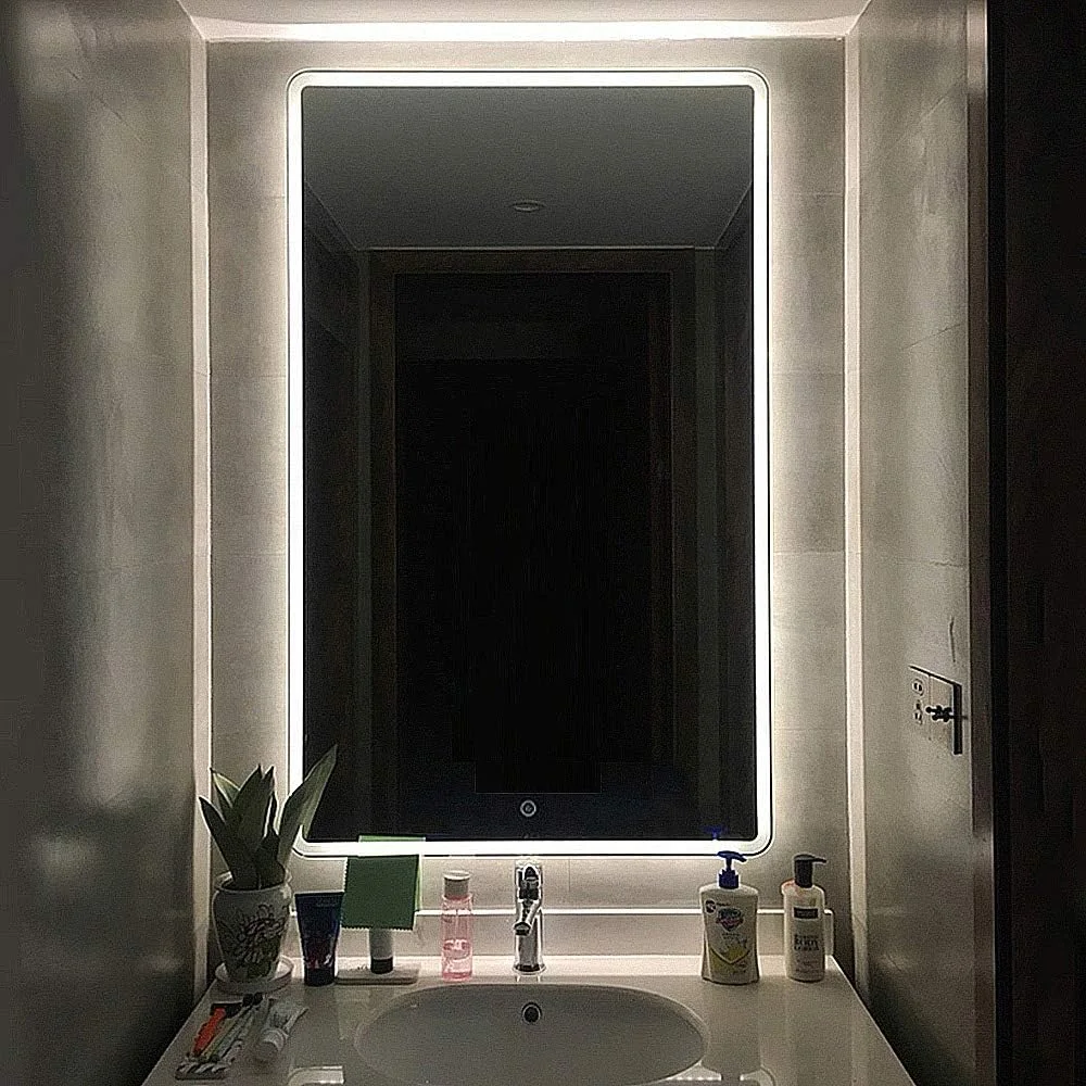 آینه حمام LED با نورپردازی قابل تنظیم 3 رنگ / آینه دیواری / 80x60 سانتی متر / دارای کلید لمسی + ضد بخار / نورپردازی سفید/گرم/زرد - آینه مستطیلی دوش - هو، 60x80 سانتی متر