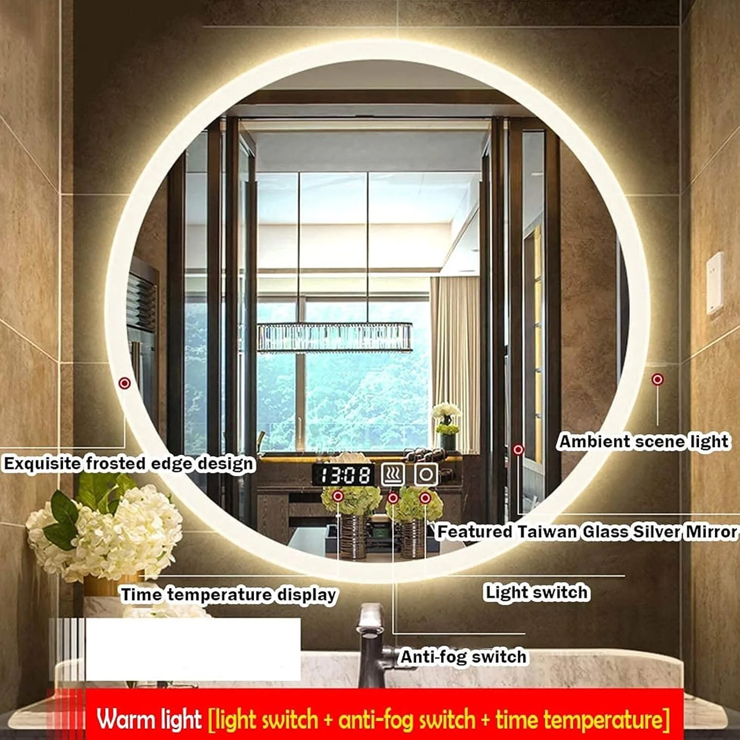 آینه گرد LED، آینه حمام با چراغ، آینه تزئینی مدرن، آینه آرایش LED هوشمند دیواری، نور گرم - 80 سانتی متر