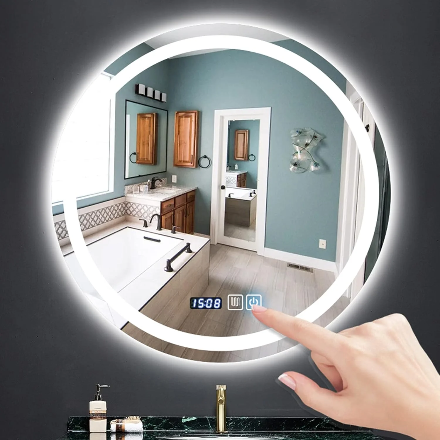 آینه روشویی LED، آینه حمام LED ضد بخار دیواری، با دکمه لمسی دیمر و چراغ های رنگی قابل تنظیم، نمایشگر دما و زمان، مناسب برای خانواده یا هتل، 80 سانتی متر