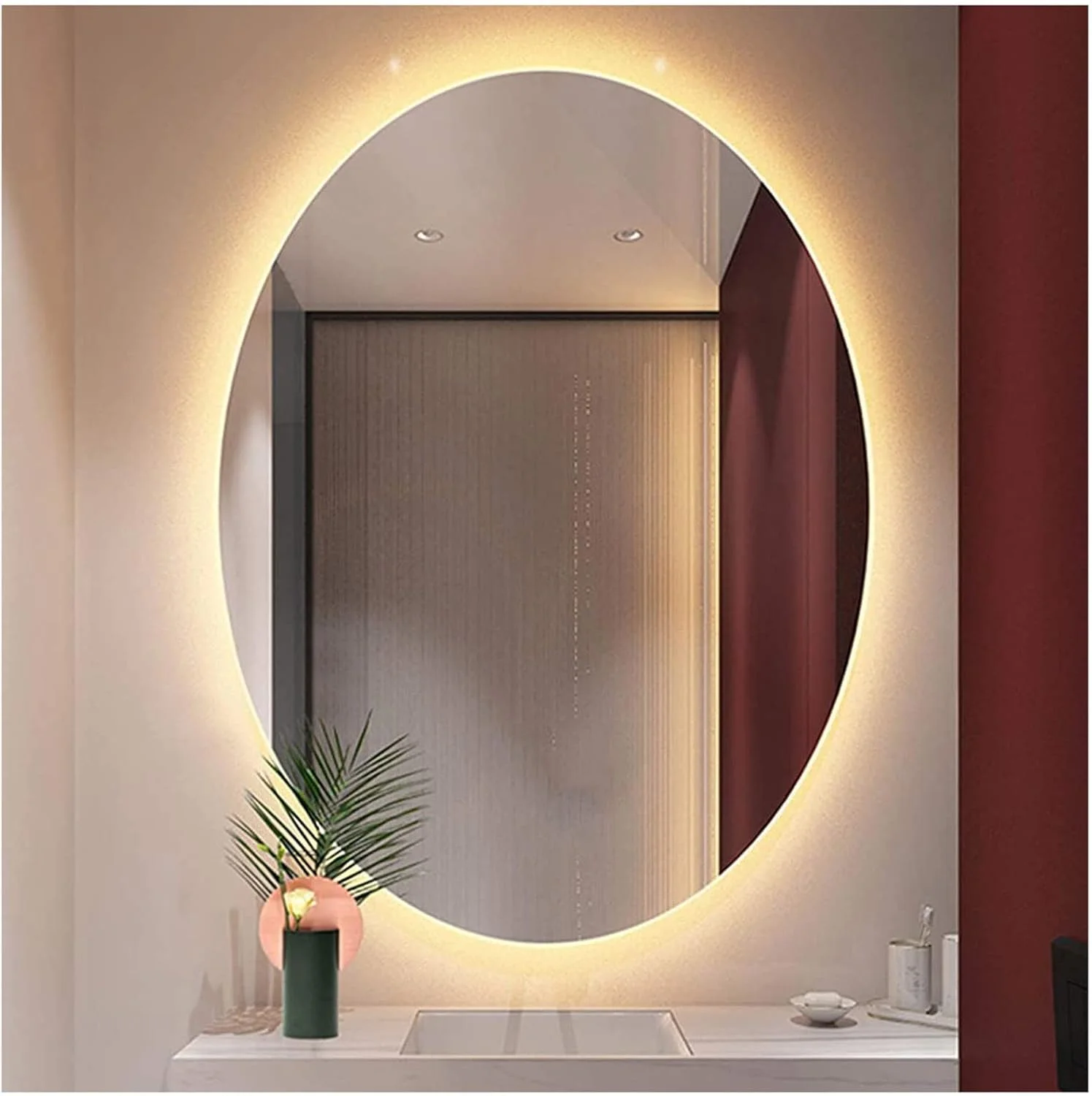آینه روشویی ال ای دی با نور پس زمینه، آینه دیواری بدون قاب بیضی شکل مناسب آرایش، برای حمام، هتل، راهرو، اتاق خواب، نور گرم - 70x90 سانتی متر