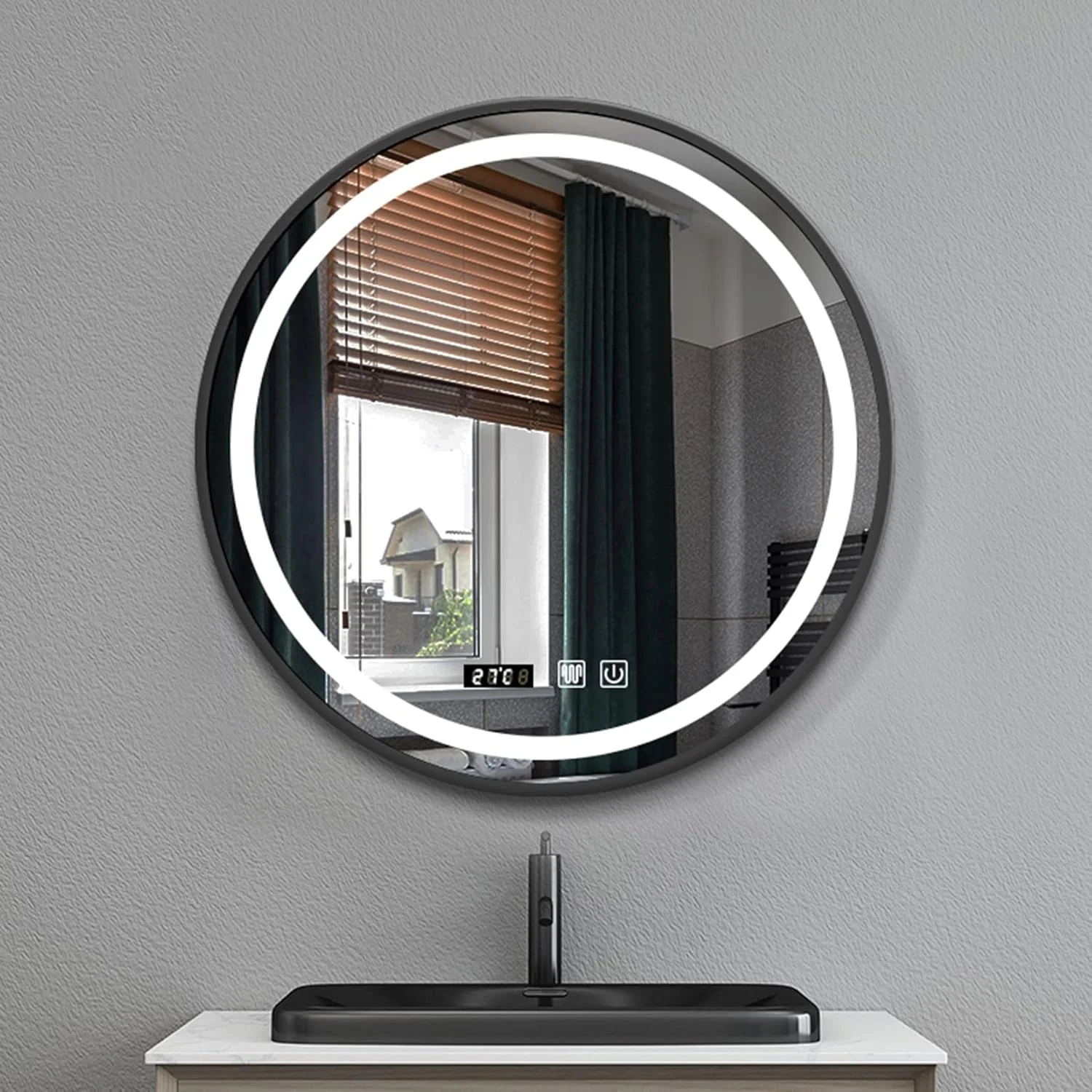 آینه حمام ال ای دی، آینه دیواری با کلید لمسی دیمر، آینه روشویی دیواری ضد بخار، نمایشگر دما و زمان، 50 سانتی متر / 60 سانتی متر / 70 سانتی متر / 80 سانتی متر، قاب مشکی، 70 سانتی متر / 27.5 اینچ