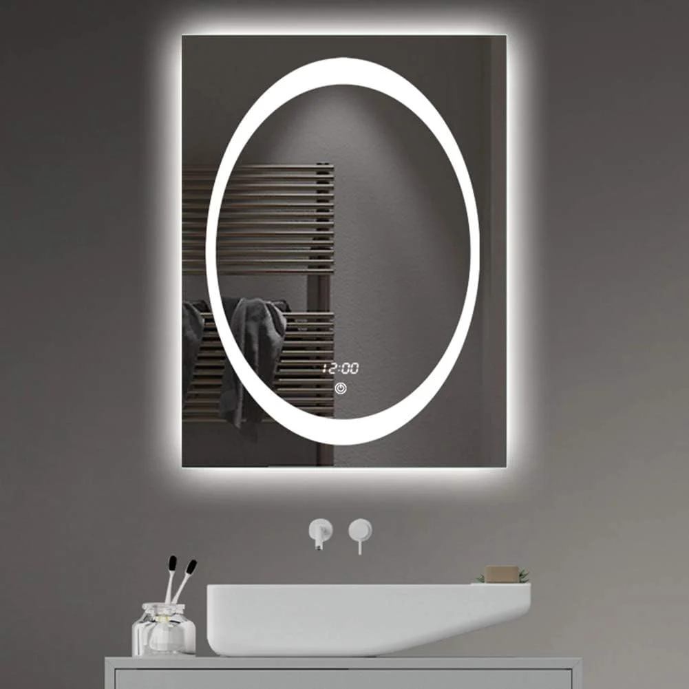 آینه روشویی ال ای دی با نور پس زمینه، نصب دیواری، مناسب حمام، هوشمند، با قابلیت تنظیم نور، ضد بخار، ضد انفجار و نمایشگر زمان، ابعاد 60x80 سانتی متر