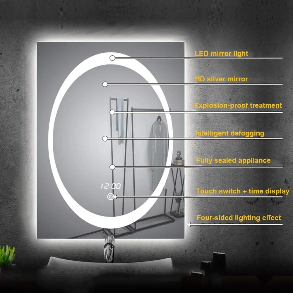 آینه روشویی ال ای دی با نور پس زمینه، نصب دیواری، مناسب حمام، هوشمند، با قابلیت تنظیم نور، ضد بخار، ضد انفجار و نمایشگر زمان، ابعاد 60x80 سانتی متر