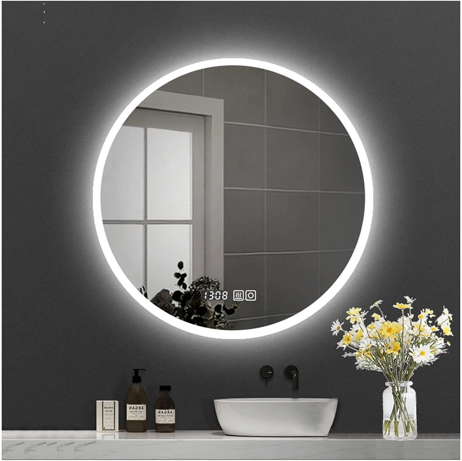 آینه های حمام ال ای دی دار 50x50/60x60 سانتی متر، آینه دیواری نور پس زمینه دار، آینه لمسی آرایشی، دارای دیمر و پد گرمایشی ضد بخار، نور سفید - 70 سانتی متر (28 اینچ)