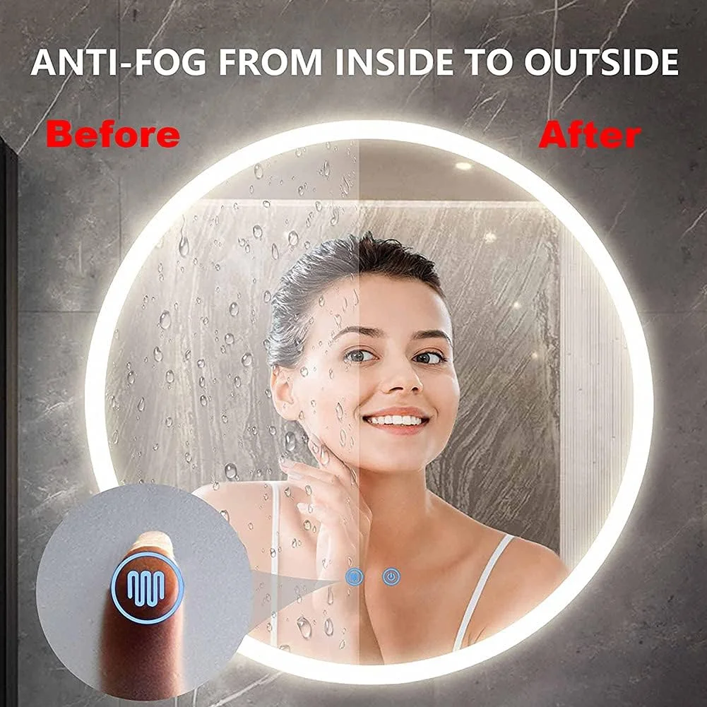 آینه های حمام ال ای دی دار 50x50/60x60 سانتی متر، آینه دیواری نور پس زمینه دار، آینه لمسی آرایشی، دارای دیمر و پد گرمایشی ضد بخار، نور سفید - 70 سانتی متر (28 اینچ)