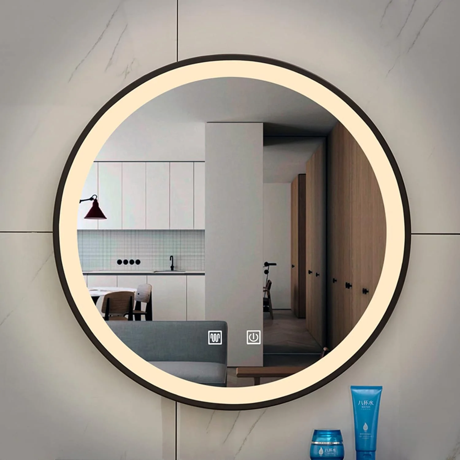 آینه گرد LED برای حمام، آینه دیواری ضد بخار حمام با دکمه لمسی هوشمند، نور سفید/نور گرم، 50 سانتی متر / 60 سانتی متر / 70 سانتی متر / 80 سانتی متر، حاشیه مشکی، نور گرم - 80 سانتی متر / 31.5 اینچ
