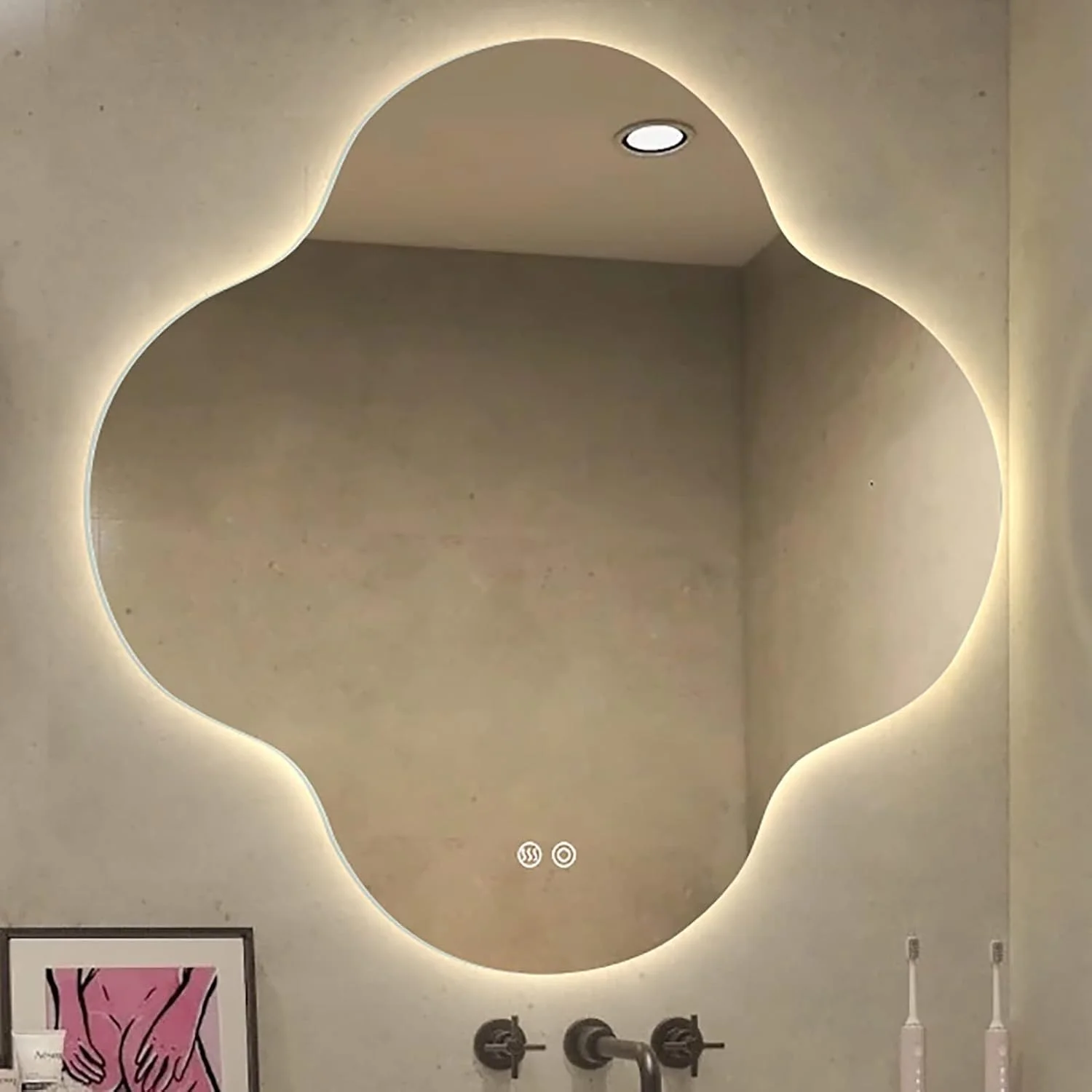 آینه حمام با چراغ های ال ای دی، آینه حمام ال ای دی دیواری با ضد مه، نور قابل تنظیم، ضد آب IP44، کلید لمسی، 90x90 سانتی متر