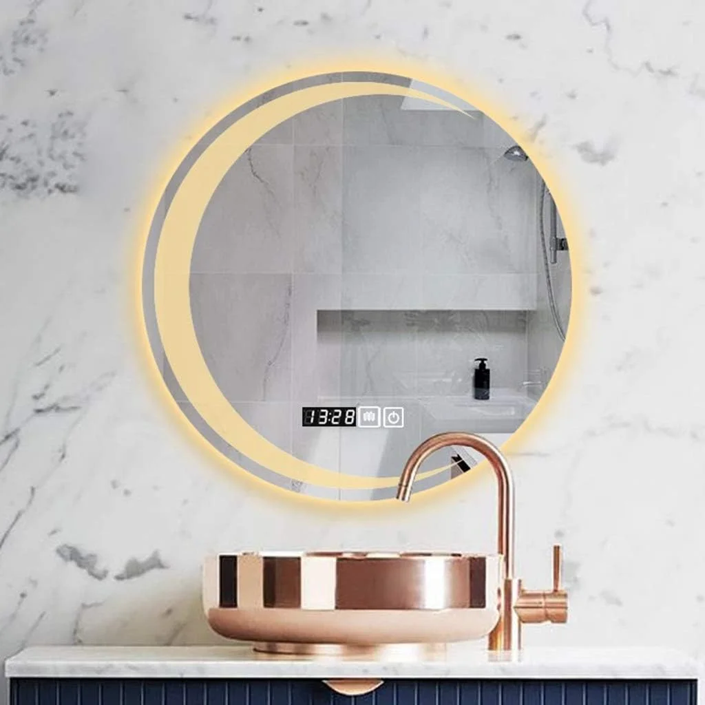 آینه حمام با نورپردازی ال ای دی، نصب دیواری، آینه اصلاح، کلید لمسی، ضد بخار، نمایشگر زمان/دما، 80 سانتی متر