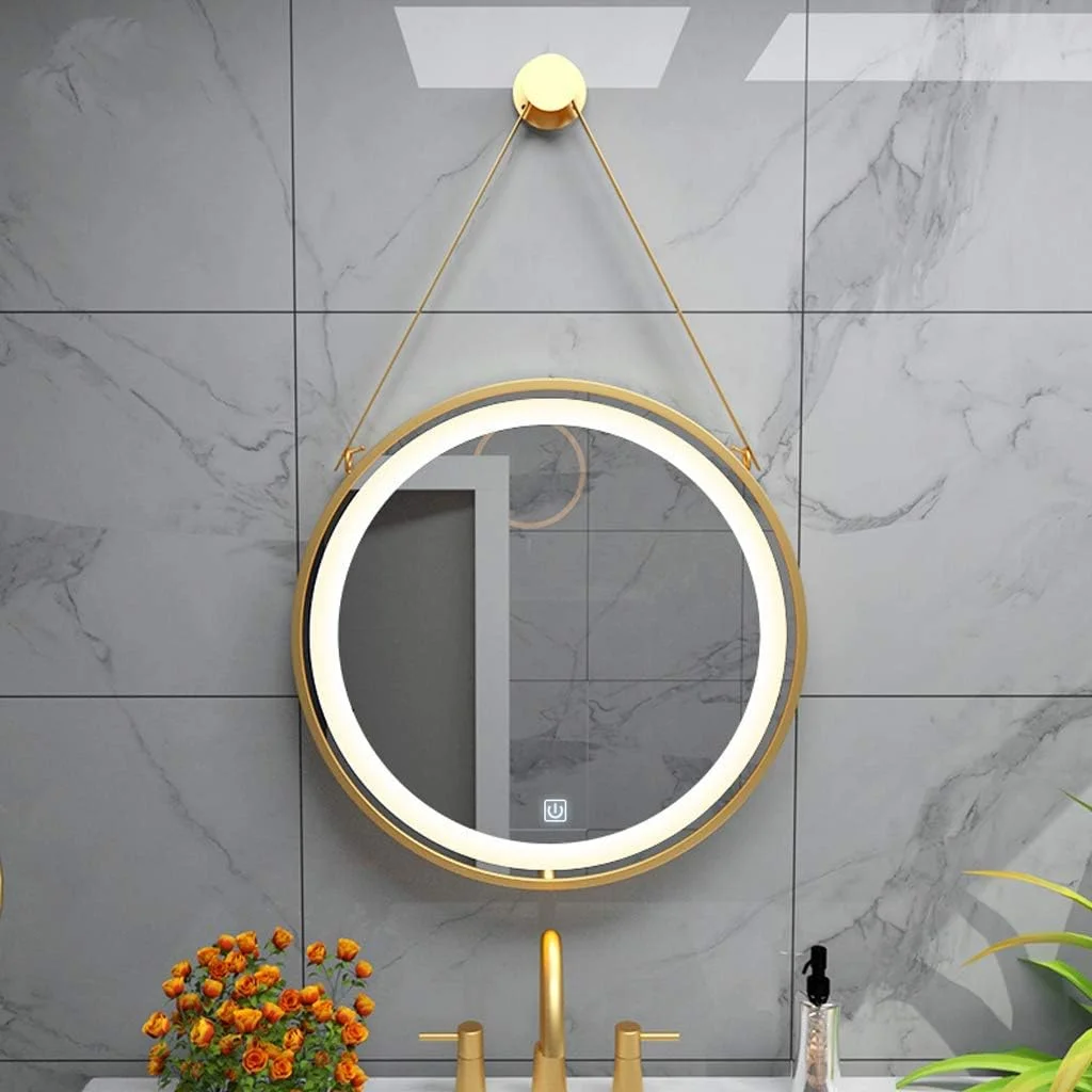 آینه گرد دیواری حمام با نور LED و کلید لمسی هوشمند، قاب G، نور W - قطر 70 سانتی متر