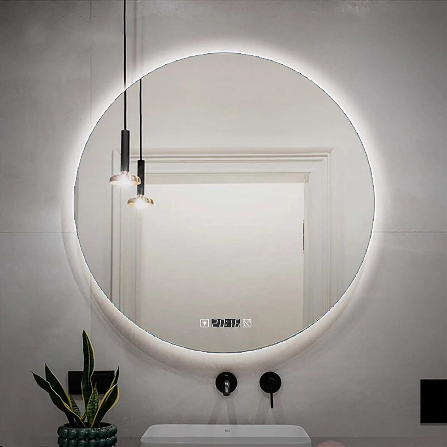 آینه گرد ال ای دی مدرن برای حمام، آینه دیواری با نور سفید و نمایشگر زمان، آینه آرایشی لمسی با نور پس زمینه ضد بخار، 500mm/600,600 * 600mm