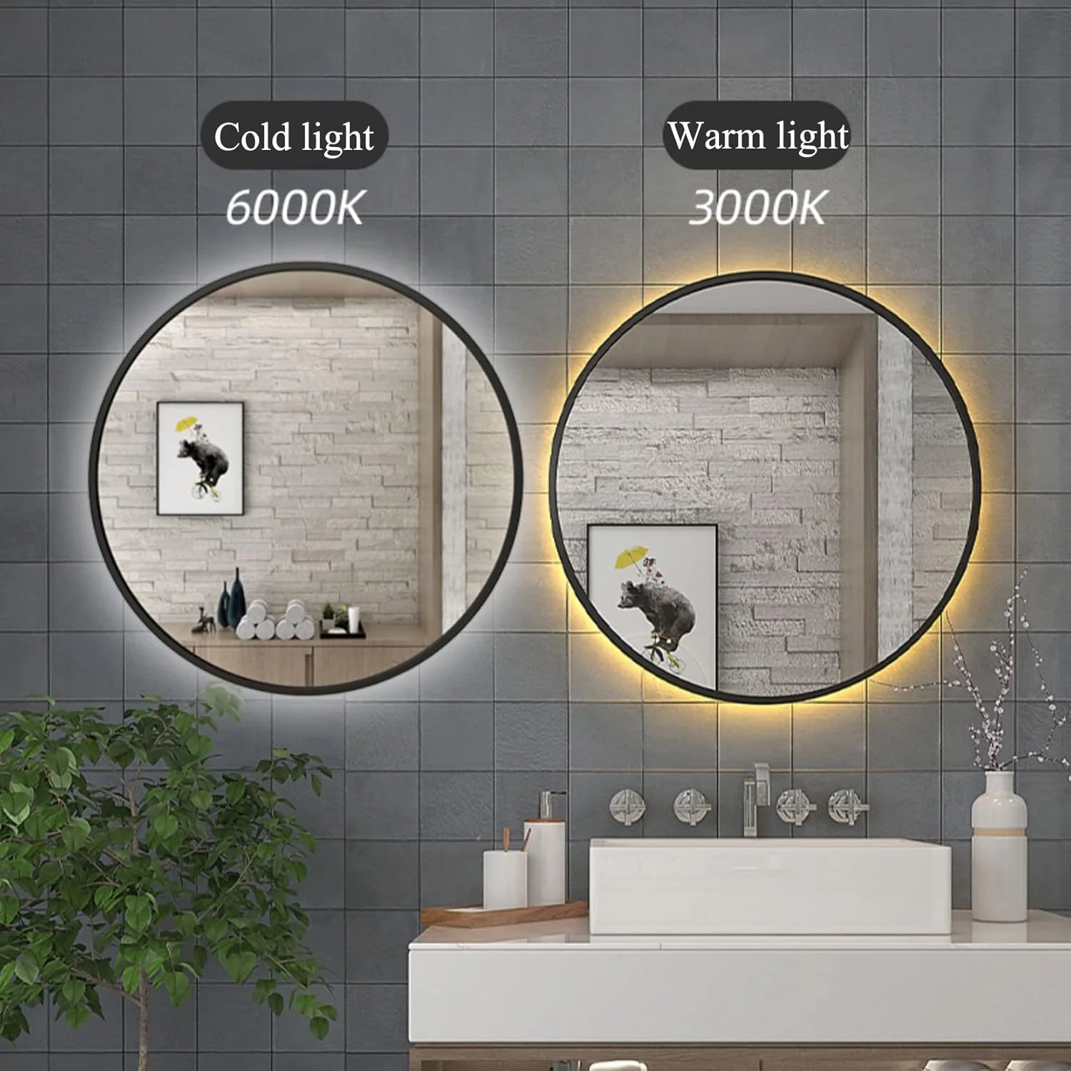آینه ال ای دی حمام، آینه دیواری با نور، نور سفید/نور گرم، ایده آل برای طراحی مدرن در حمام و اتاق خواب، 50 سانتی متر / 60 سانتی متر / 70 سانتی متر / 80 سانتی متر، قاب مشکی، نور سفید-80 سانتی متر/31.5 اینچ