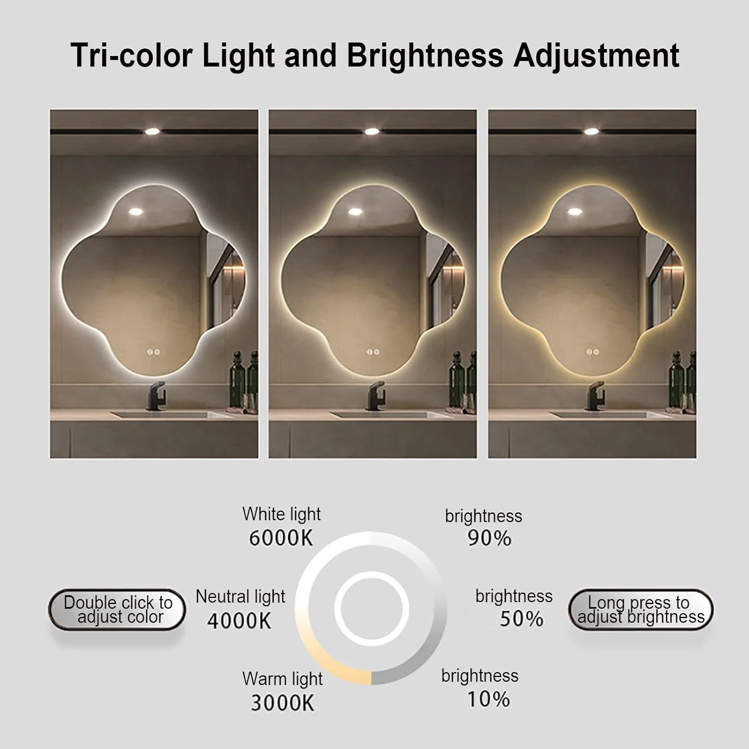 آینه حمام با چراغ های ال ای دی، آینه حمام ال ای دی دیواری با ضد مه، نور قابل تنظیم، ضد آب IP44، کلید لمسی، 90x90 سانتی متر