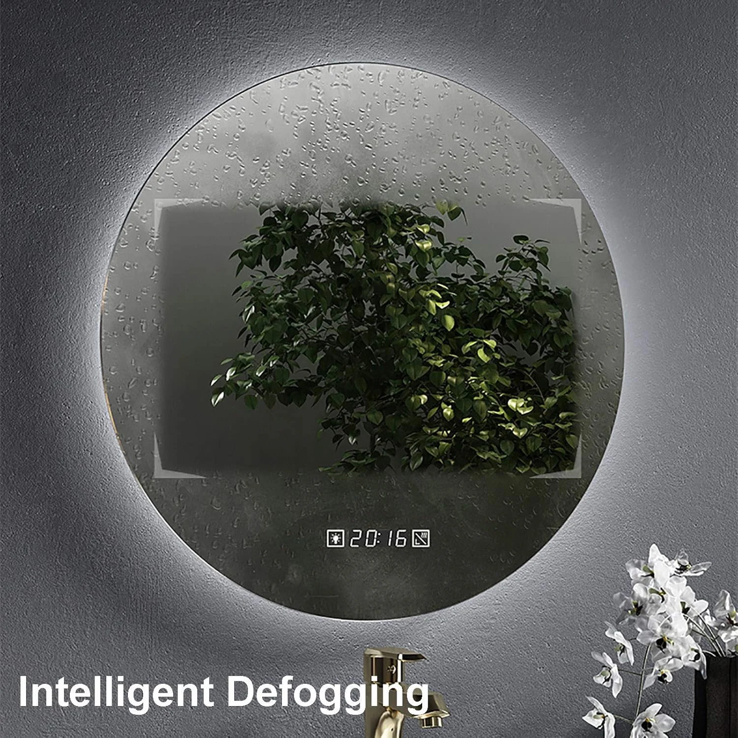 آینه گرد ال ای دی مدرن برای حمام، آینه دیواری با نور سفید و نمایشگر زمان، آینه آرایشی لمسی با نور پس زمینه ضد بخار، 500mm/600,600 * 600mm
