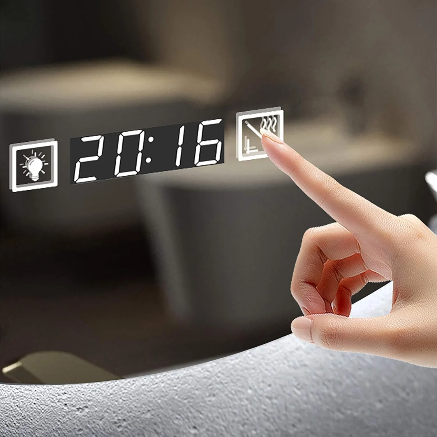 آینه گرد ال ای دی مدرن برای حمام، آینه دیواری با نور سفید و نمایشگر زمان، آینه آرایشی لمسی با نور پس زمینه ضد بخار، 500mm/600,600 * 600mm