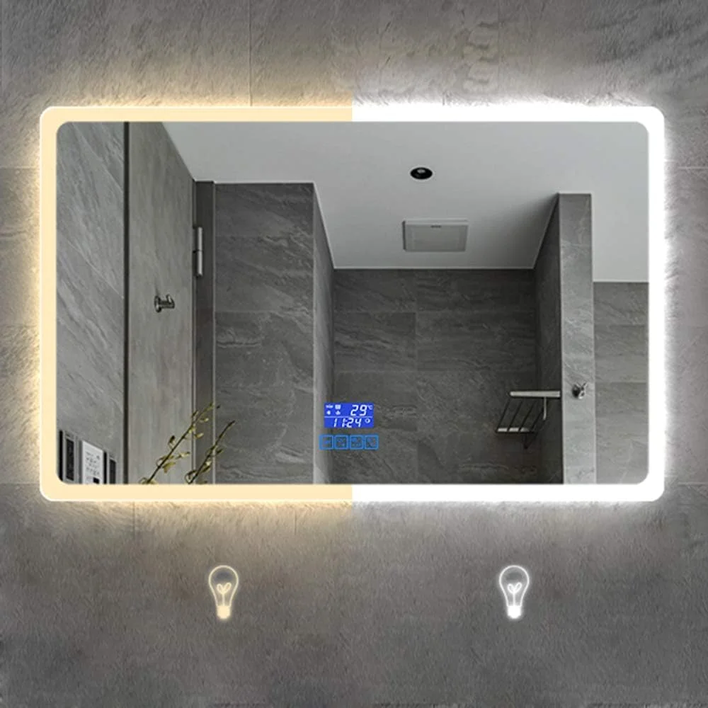 آینه LED حمام، آینه دیواری روشنایی، چهار کلید لمسی | نور 2 رنگ + دما و زمان + ضد بخار + موسیقی بلوتوث + ضد انفجار | LED ضد آب - گرد C، افقی - 100x75 سانتی متر