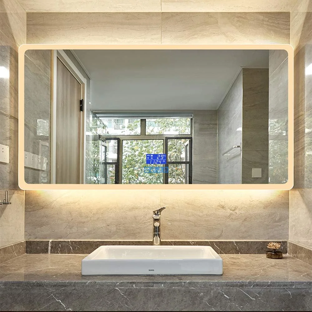 آینه LED حمام، آینه دیواری روشنایی، چهار کلید لمسی | نور 2 رنگ + دما و زمان + ضد بخار + موسیقی بلوتوث + ضد انفجار | LED ضد آب - گرد C، افقی - 100x75 سانتی متر