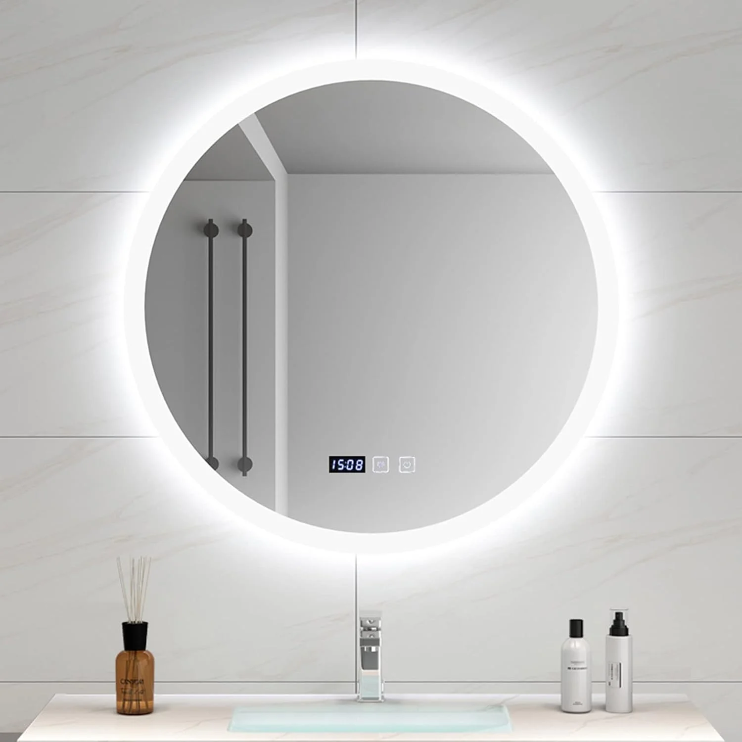 آینه روشویی دیواری LED، دارای دیمر و کلید لمسی، با قابلیت تنظیم نور 3000K-6000K، نمایشگر دما و زمان، آینه حمام نوردار، 70 سانتی متر