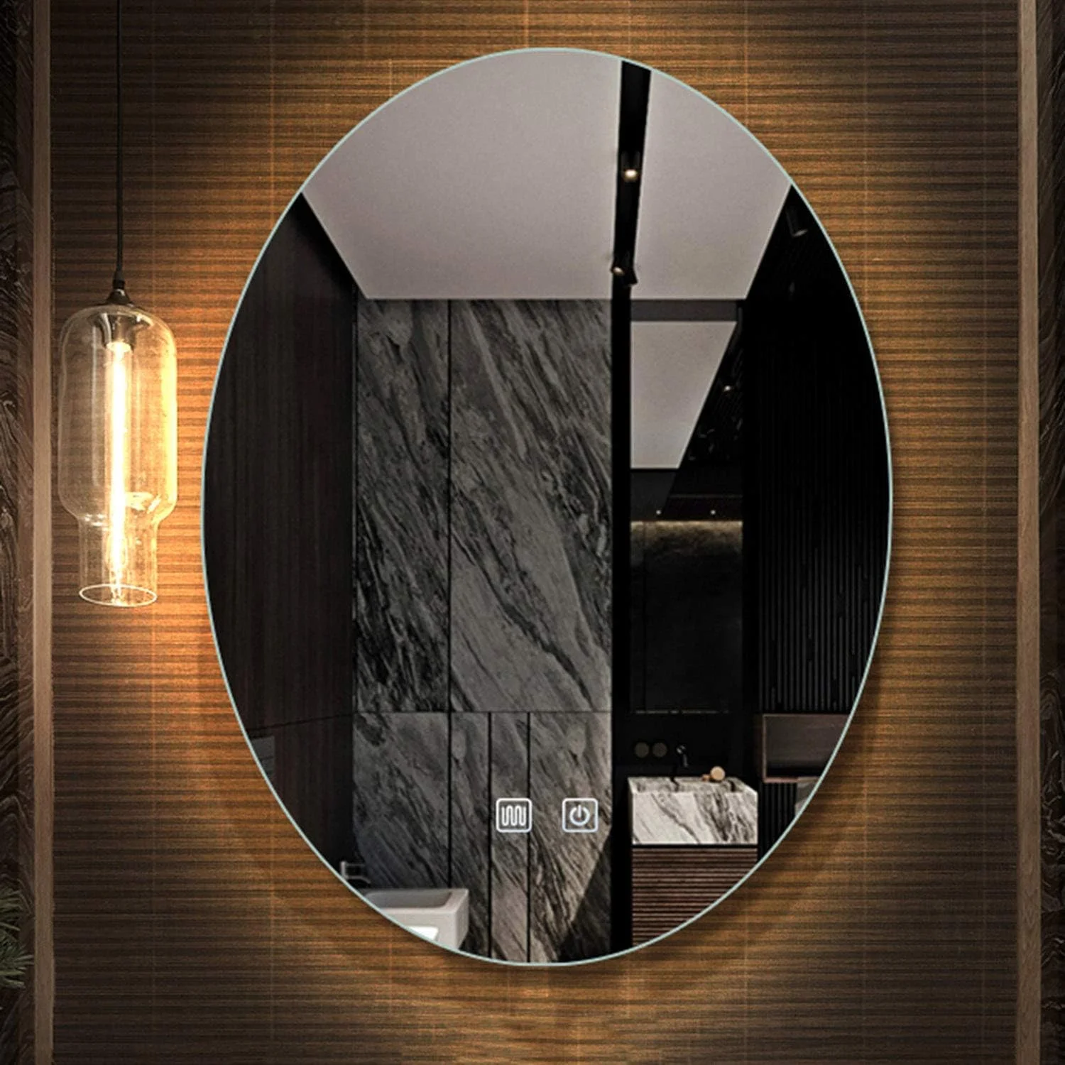 آینه دیواری بیضی شکل، آینه حمام هوشمند با نور ال ای دی، با قابلیت ضد بخار + کلید روشنایی، نور سفید و گرم با قابلیت تنظیم، آینه نقره ای HD، ایمن و ضد انفجار، قاب مشکی - 700×900 میلی متر