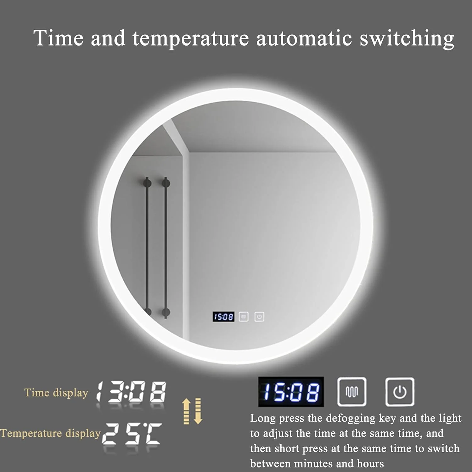 آینه روشویی دیواری LED، دارای دیمر و کلید لمسی، با قابلیت تنظیم نور 3000K-6000K، نمایشگر دما و زمان، آینه حمام نوردار، 70 سانتی متر