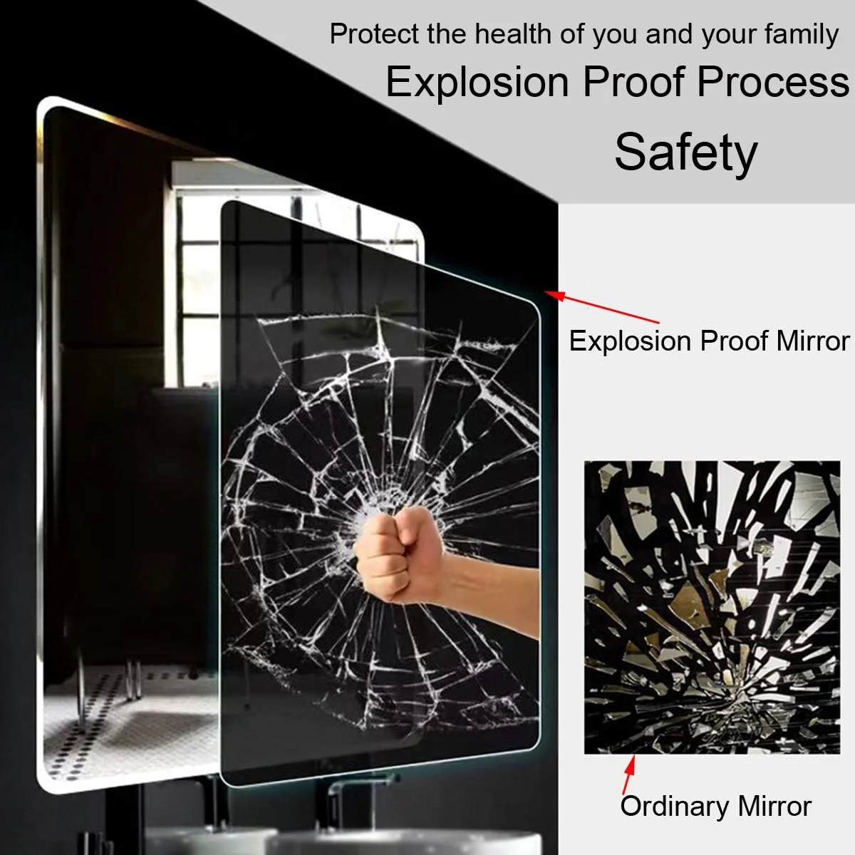 آینه دیواری بیضی شکل، آینه حمام هوشمند با نور ال ای دی، با قابلیت ضد بخار + کلید روشنایی، نور سفید و گرم با قابلیت تنظیم، آینه نقره ای HD، ایمن و ضد انفجار، قاب مشکی - 700×900 میلی متر