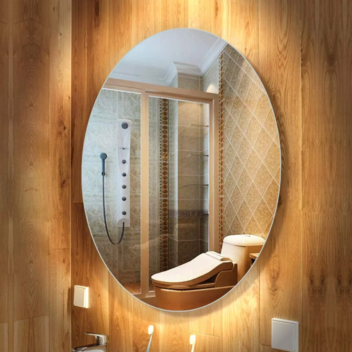 آینه دیواری بیضی شکل، آینه حمام هوشمند با نور ال ای دی، با قابلیت ضد بخار + کلید روشنایی، نور سفید و گرم با قابلیت تنظیم، آینه نقره ای HD، ایمن و ضد انفجار، قاب مشکی - 700×900 میلی متر