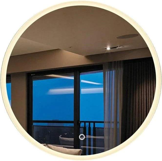 آینه گرد دیواری ال ای دی حمام، مناسب اصلاح صورت، دارای کلید لمسی + ضد بخار، نور گرم - 90 سانتی متر