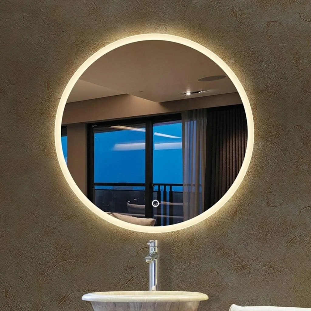 آینه گرد دیواری ال ای دی حمام، مناسب اصلاح صورت، دارای کلید لمسی + ضد بخار، نور گرم - 90 سانتی متر