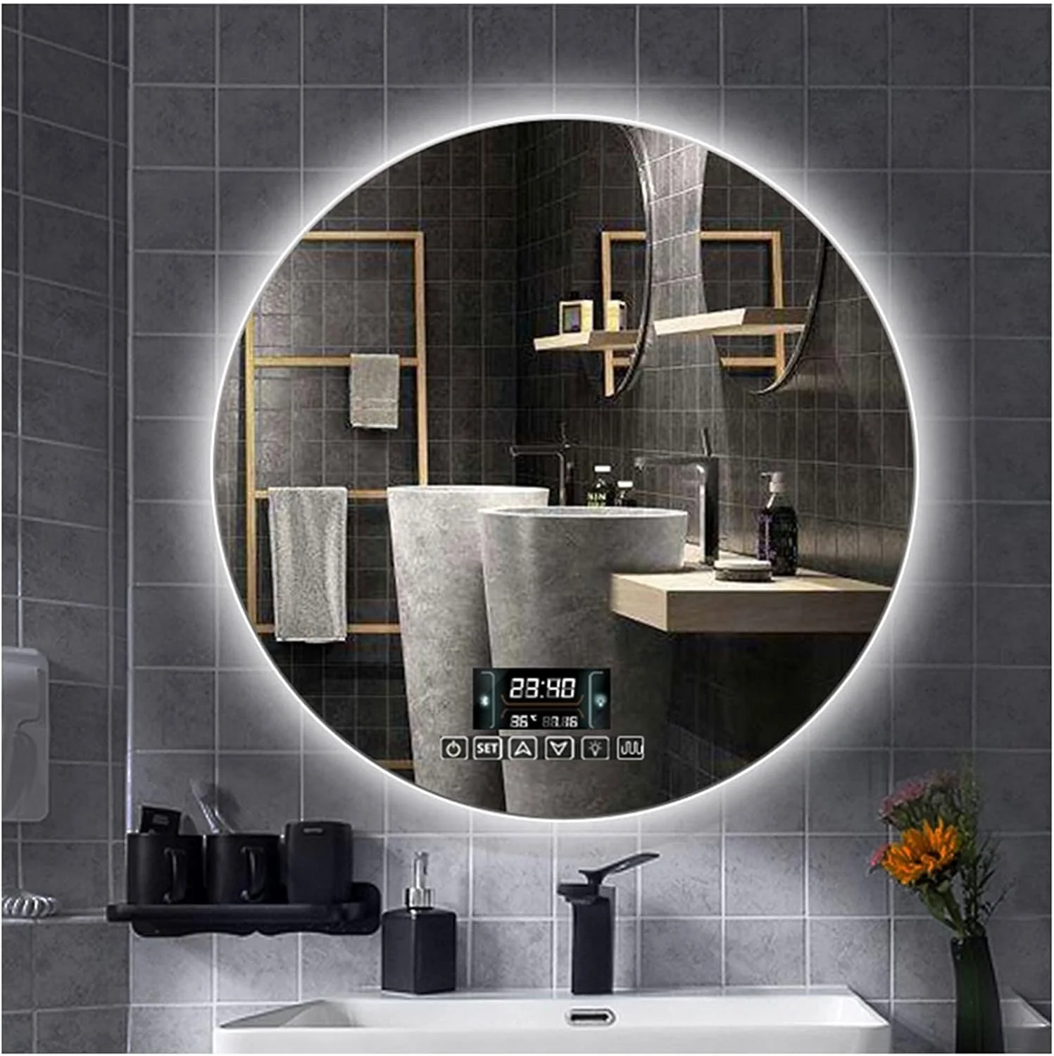 آینه حمام ال ای دی با ابعاد 500x500 میلی‌متر، دارای دکمه لمسی، پد ضد بخار، قابلیت نصب روی دیوار و بلندگوی بلوتوث داخلی، استاندارد IP44، مناسب برای روشویی مدرن حمام، ابعاد 700x700 میلی‌متر