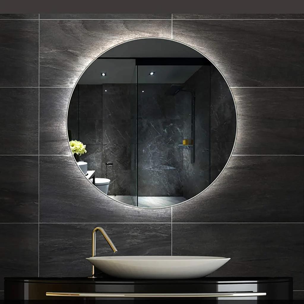 آینه حمام LED دیواری با نور پس زمینه، آینه گرد نورانی مناسب آرایش و روشویی منزل با دکمه لمسی، نور گرم/سفید، 60/70/80 سانتی متر، نور سفید - 70 سانتی متر بدون کلید