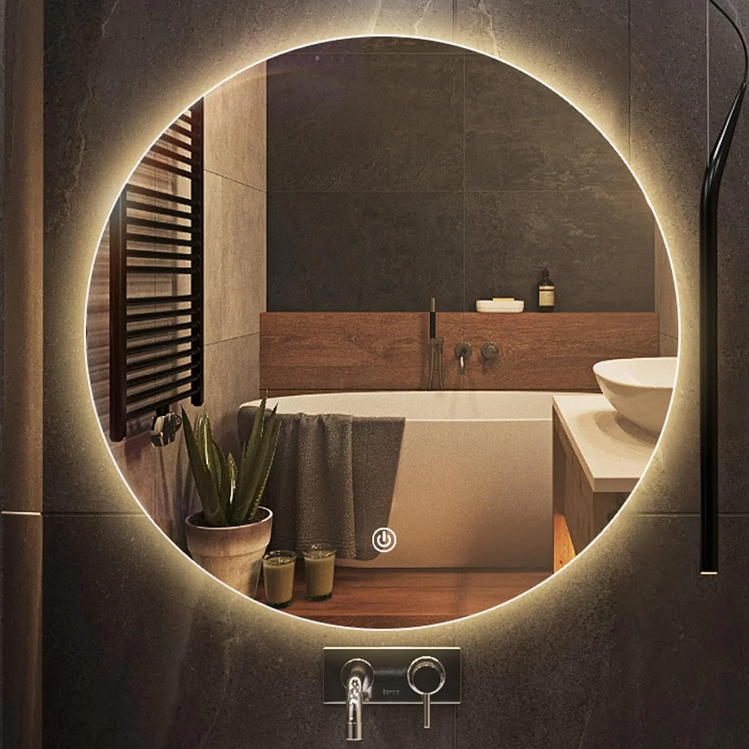 آینه گرد ال ای دی دیواری حمام، آینه روشویی دیواری ضد بخار با دکمه لمسی هوشمند، نور سفید/نور گرم، ایده آل برای طراحی مدرن در حمام و اتاق خواب، نور گرم - 60 سانتی متر / 24 اینچ
