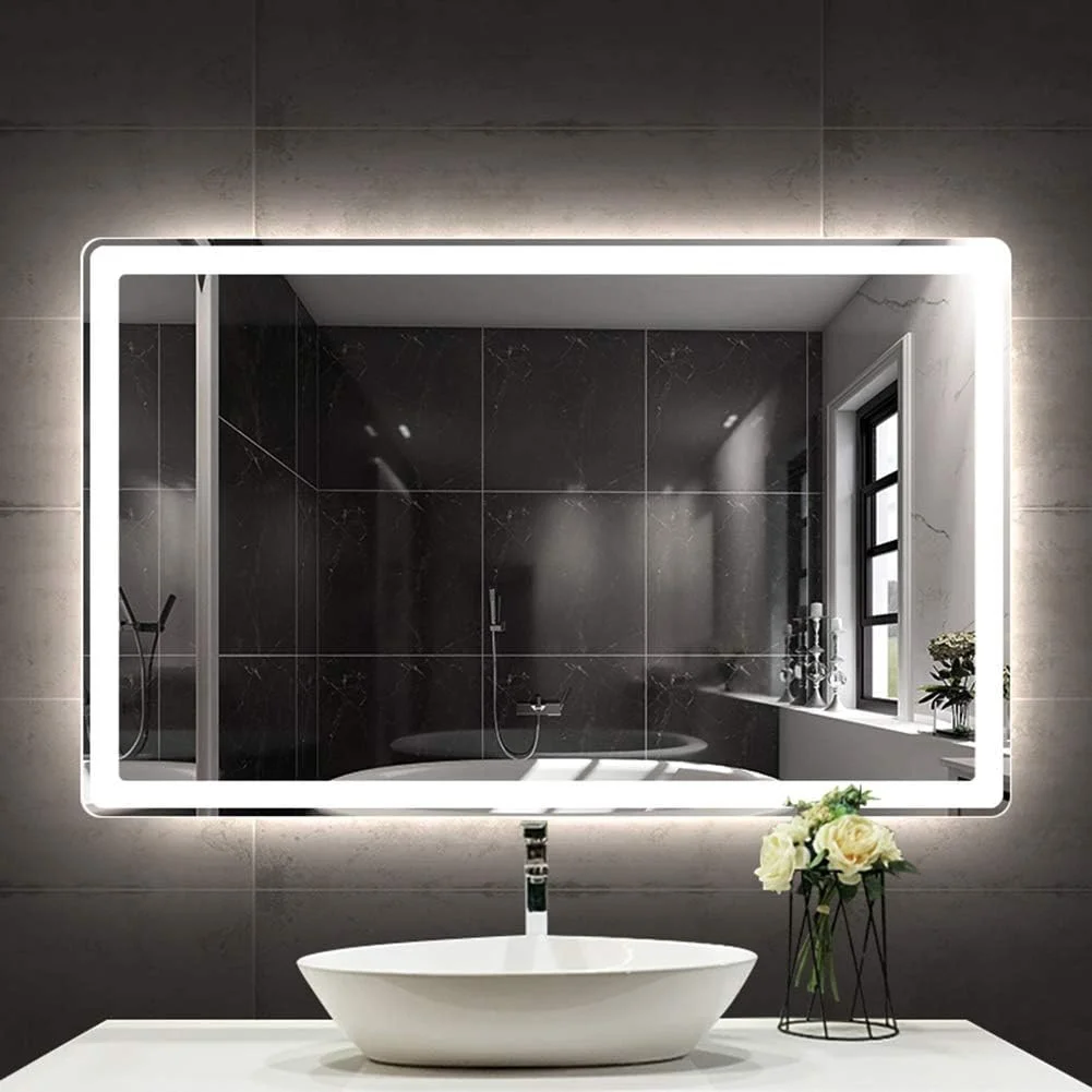 آینه حمام ال ای دی با نور پس زمینه، ابعاد 600x800 میلی متر، نصب افقی، آینه مستطیلی بدون قاب ضد انفجار، نور سفید - 700x900 میلی متر