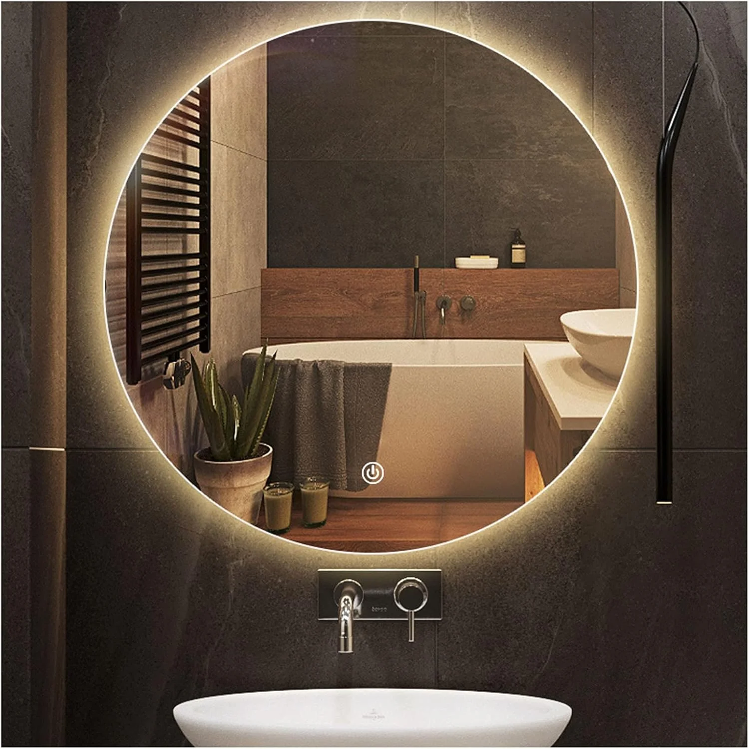 آینه حمام LED روشن 500x500 میلی‌متر، آینه بزرگ دیواری با سوئیچ کنترل لمسی، آینه لمسی گرد آرایشی برای اتاق رختکن حمام، نور گرم - 900 میلی‌متر