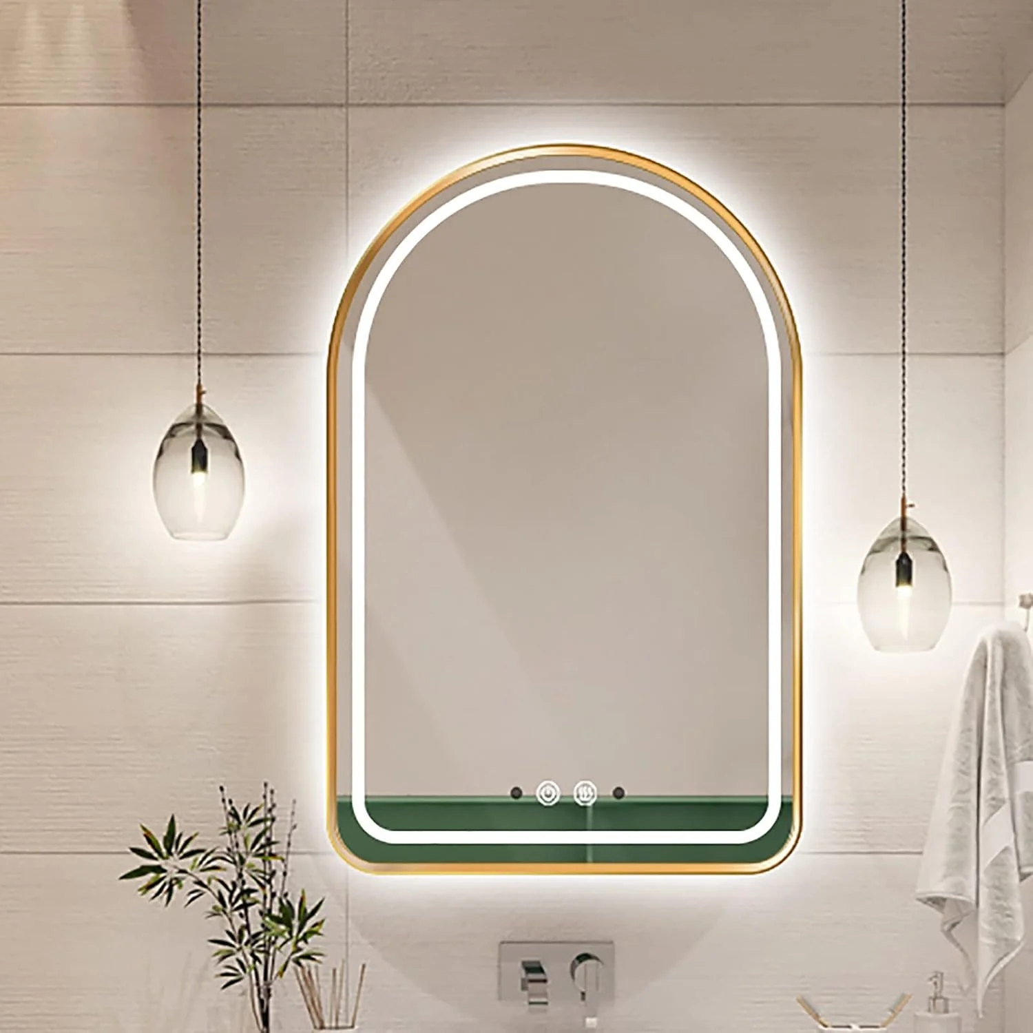 آینه روشویی LED دار با حسگر حرکتی، ضد بخار و نورپردازی، قاب طلایی - 500x800 میلی‌متر