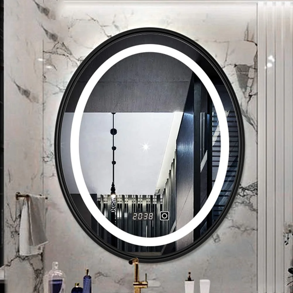 آینه روشویی ال ای دی دار، نصب دیواری با صفحه نمایش لمسی و نمایش زمان، مناسب حمام و اتاق خواب، قاب مشکی نور سفید - 60 * 80