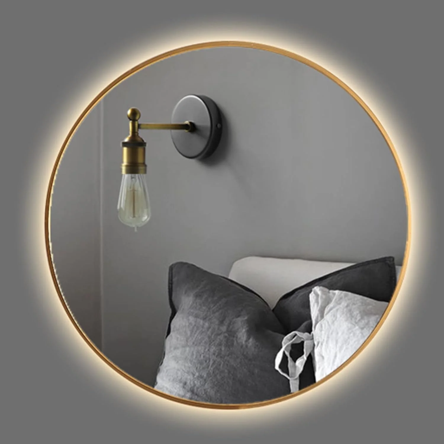 آینه دیواری حمام با نور LED، نور سفید/نور گرم، 50 سانتی متر / 60 سانتی متر / 70 سانتی متر / 80 سانتی متر، نصب آسان، آینه روشویی دیواری با حاشیه طلایی، نور گرم - 70 سانتی متر / 27.5 اینچ