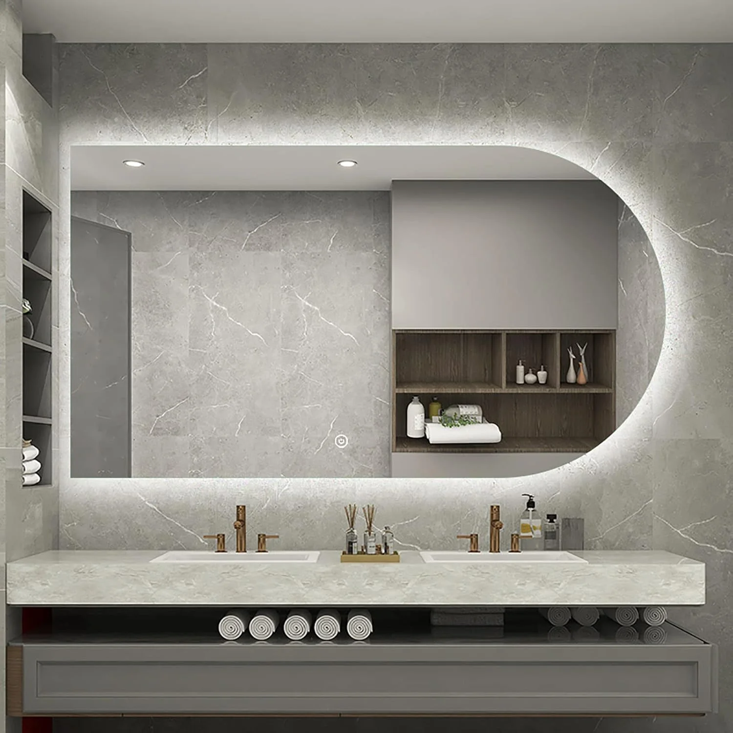 آینه قدی کمانی بدون قاب با نورپردازی ال ای دی، آینه روشویی دیواری، کنترل لمسی تکی با قابلیت تنظیم نور، آینه کمانی - 900 * 500 سانتی متر