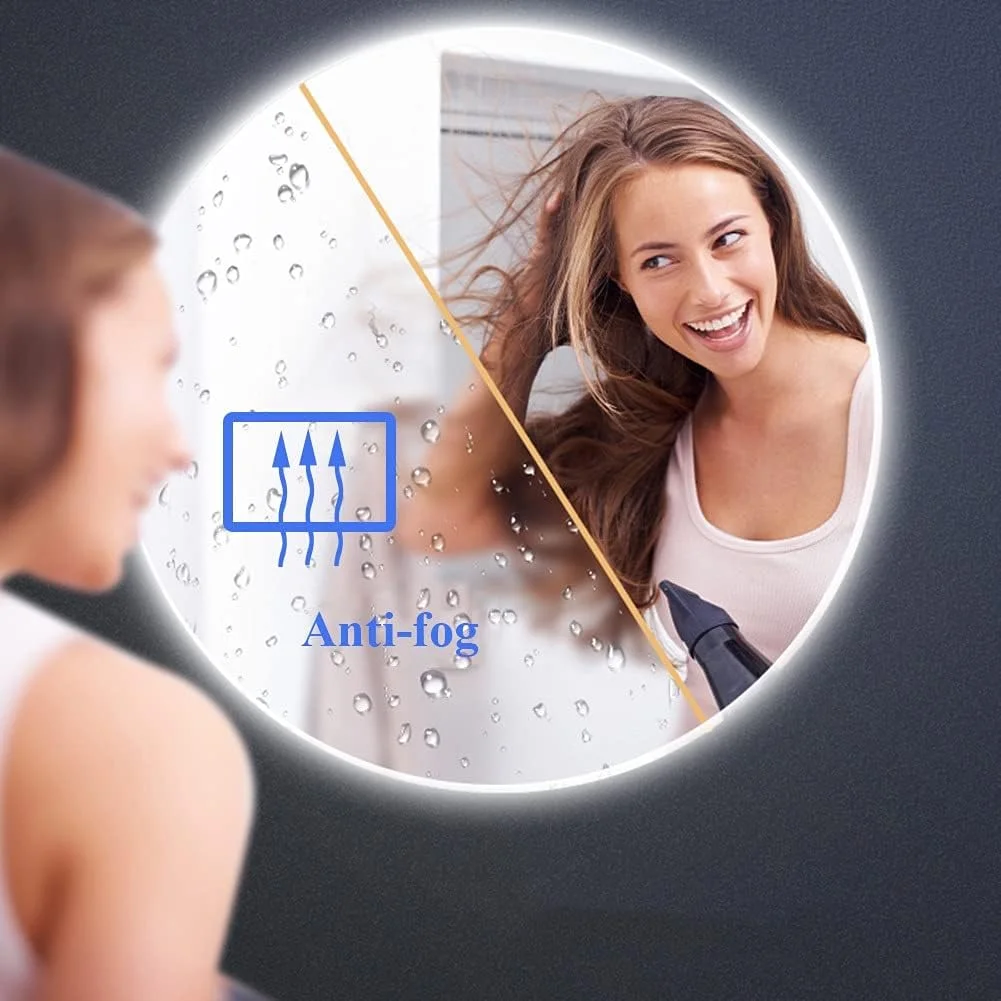 آینه حمام ال ای دی با ابعاد 500x500 میلی‌متر، دارای دکمه لمسی، پد ضد بخار، قابلیت نصب روی دیوار و بلندگوی بلوتوث داخلی، استاندارد IP44، مناسب برای روشویی مدرن حمام، ابعاد 700x700 میلی‌متر