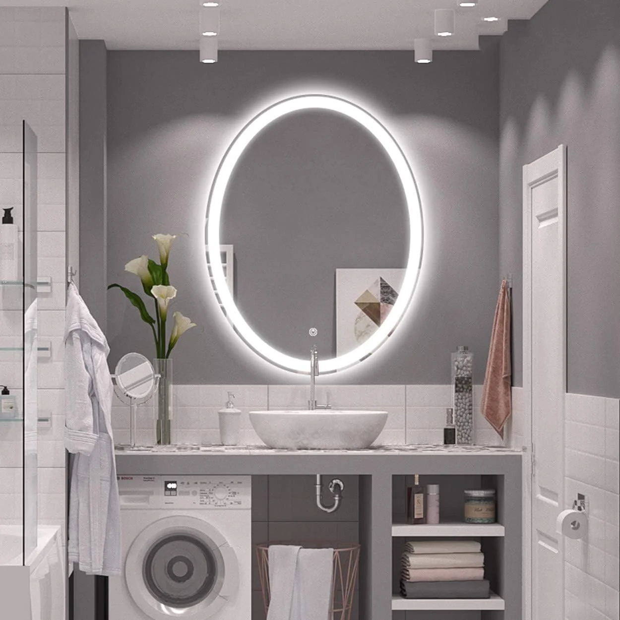 آینه روشویی LED نورانی، آینه های بیضی شکل حمام با نور LED، آینه دیواری، با کنترل لمسی حسگر ضد بخار و کم نور، نور گرم - 600MM×800MM