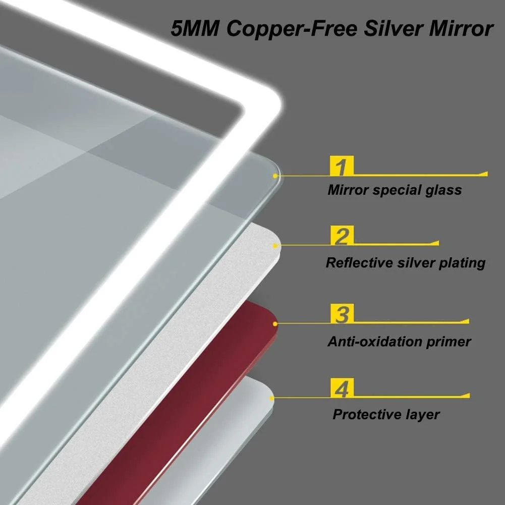 آینه حمام ال ای دی با نور پس زمینه، ابعاد 600x800 میلی متر، نصب افقی، آینه مستطیلی بدون قاب ضد انفجار، نور سفید - 700x900 میلی متر