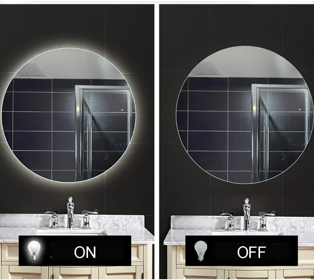 آینه حمام LED دیواری با نور پس زمینه، آینه گرد نورانی مناسب آرایش و روشویی منزل با دکمه لمسی، نور گرم/سفید، 60/70/80 سانتی متر، نور سفید - 70 سانتی متر بدون کلید