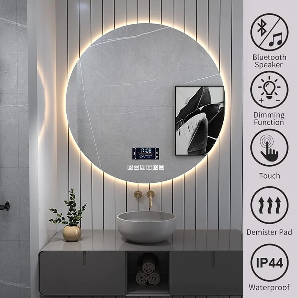 آینه حمام ال ای دی با ابعاد 500x500 میلی‌متر، دارای دکمه لمسی، پد ضد بخار، قابلیت نصب روی دیوار و بلندگوی بلوتوث داخلی، استاندارد IP44، مناسب برای روشویی مدرن حمام، ابعاد 700x700 میلی‌متر