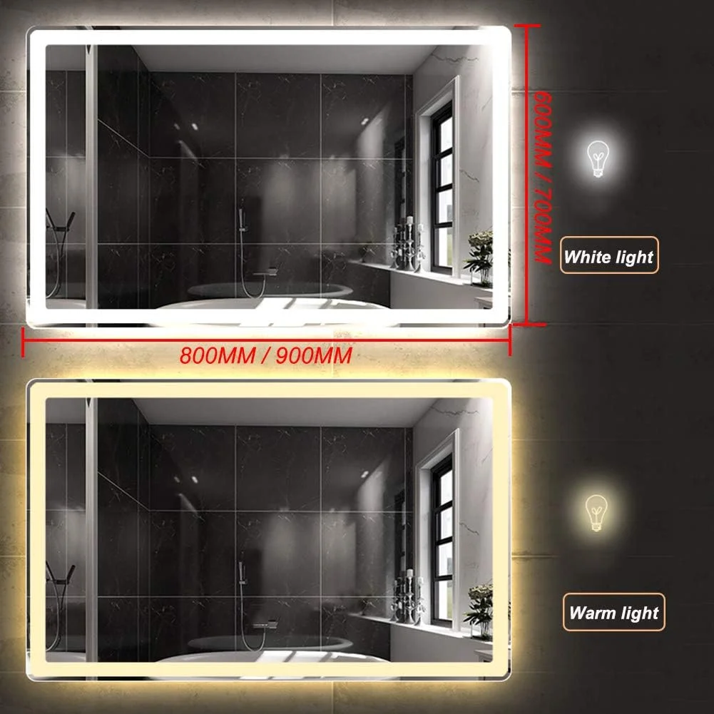 آینه حمام ال ای دی با نور پس زمینه، ابعاد 600x800 میلی متر، نصب افقی، آینه مستطیلی بدون قاب ضد انفجار، نور سفید - 700x900 میلی متر
