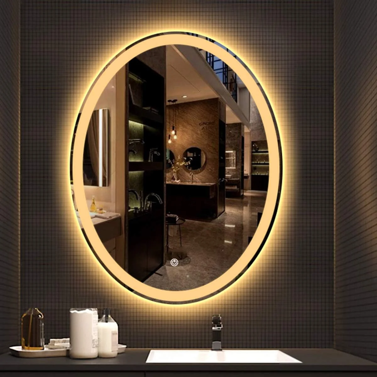 آینه روشویی LED نورانی، آینه های بیضی شکل حمام با نور LED، آینه دیواری، با کنترل لمسی حسگر ضد بخار و کم نور، نور گرم - 600MM×800MM