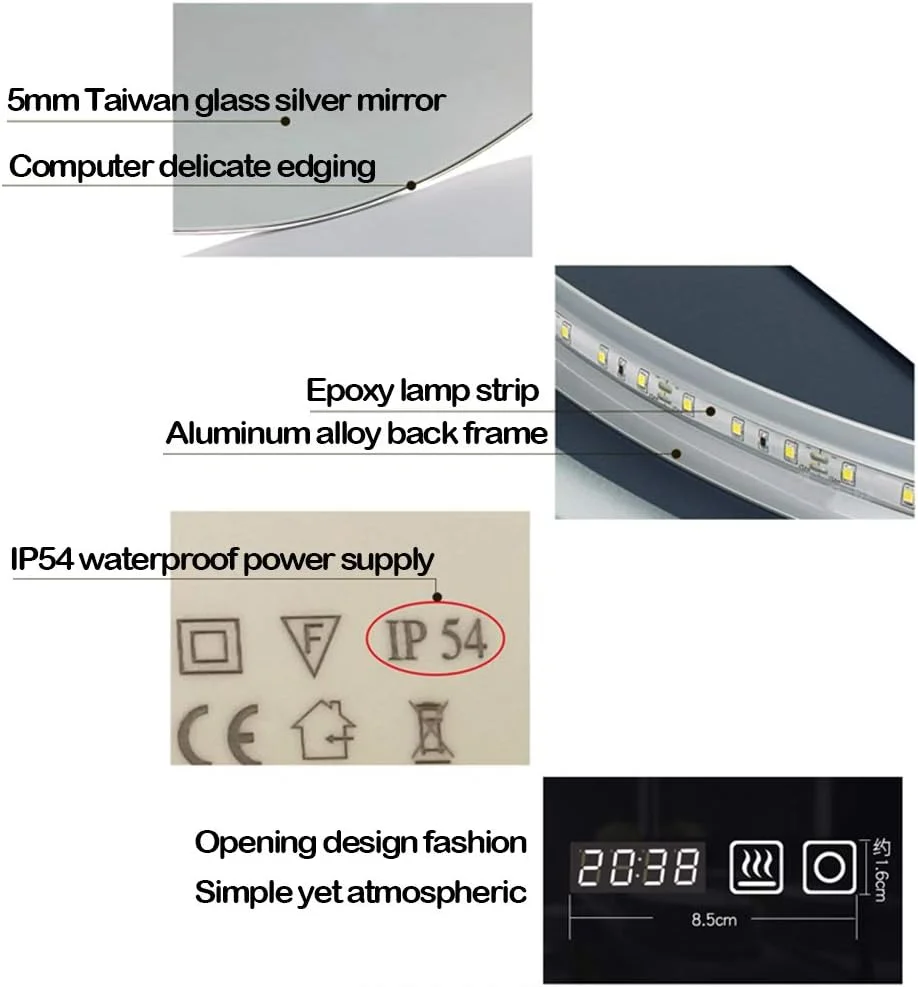 آینه روشویی ال ای دی دار، نصب دیواری با صفحه نمایش لمسی و نمایش زمان، مناسب حمام و اتاق خواب، قاب مشکی نور سفید - 60 * 80