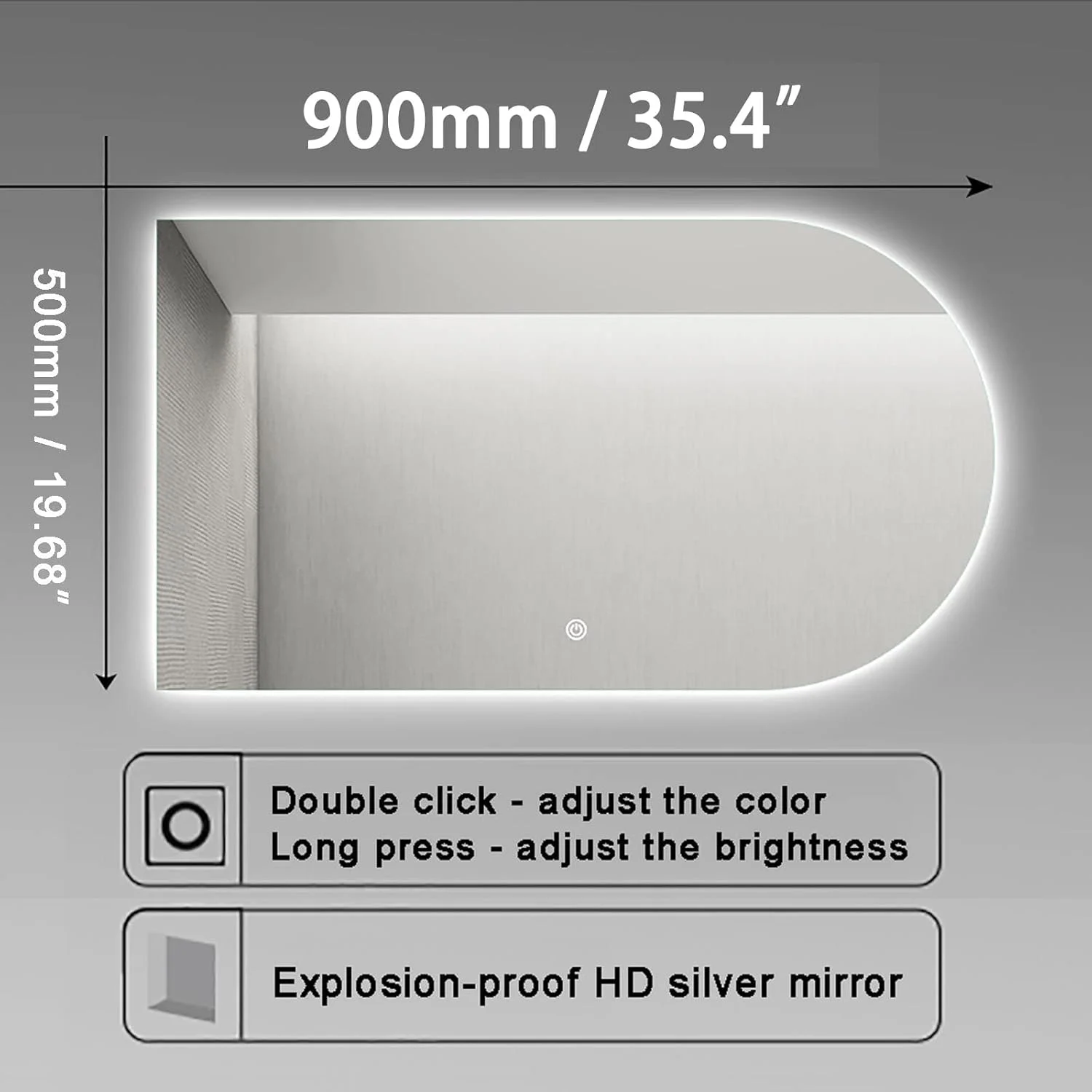 آینه قدی کمانی بدون قاب با نورپردازی ال ای دی، آینه روشویی دیواری، کنترل لمسی تکی با قابلیت تنظیم نور، آینه کمانی - 900 * 500 سانتی متر