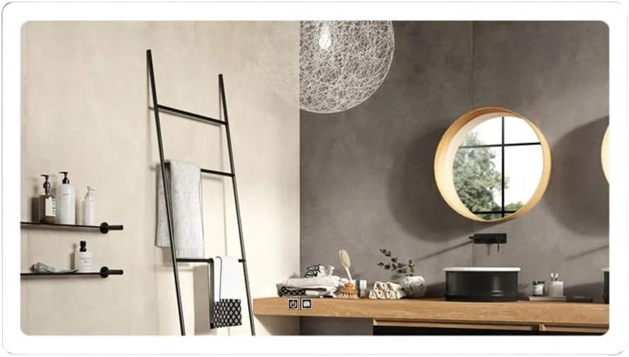 آینه مستطیلی ال ای دی بدون قاب دیواری مخصوص حمام با کلید لمسی + نمایشگر زمان/دما ضد بخار، نور گرم - 100x60 سانتی متر